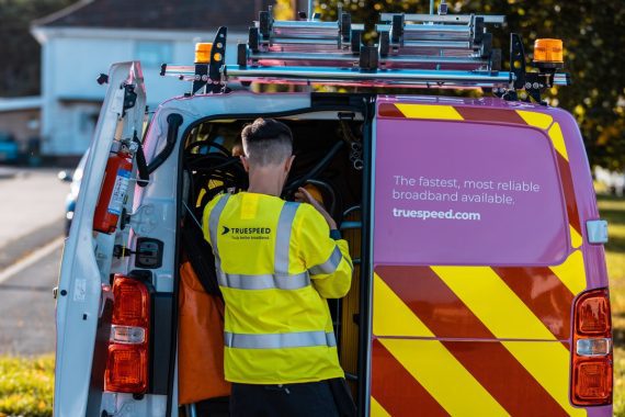 A Truespeed engineer prepares to install a new customer to their full-fibre network