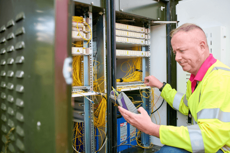 A Truespeed engineer working on the full-fibre network