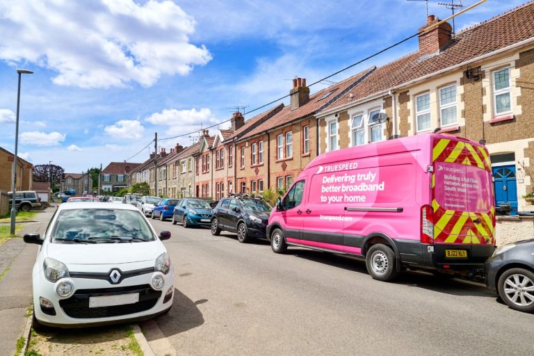 A Truespeed van outside a home being connected to full-fibre broadband